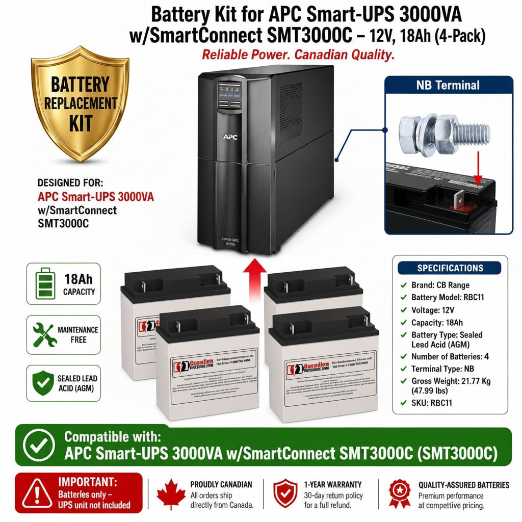 APC Smart-UPS 3000VA w/SmartConnect SMT3000C UPS Battery, 4 x 12V 18Ah UPS Batteries CB Range