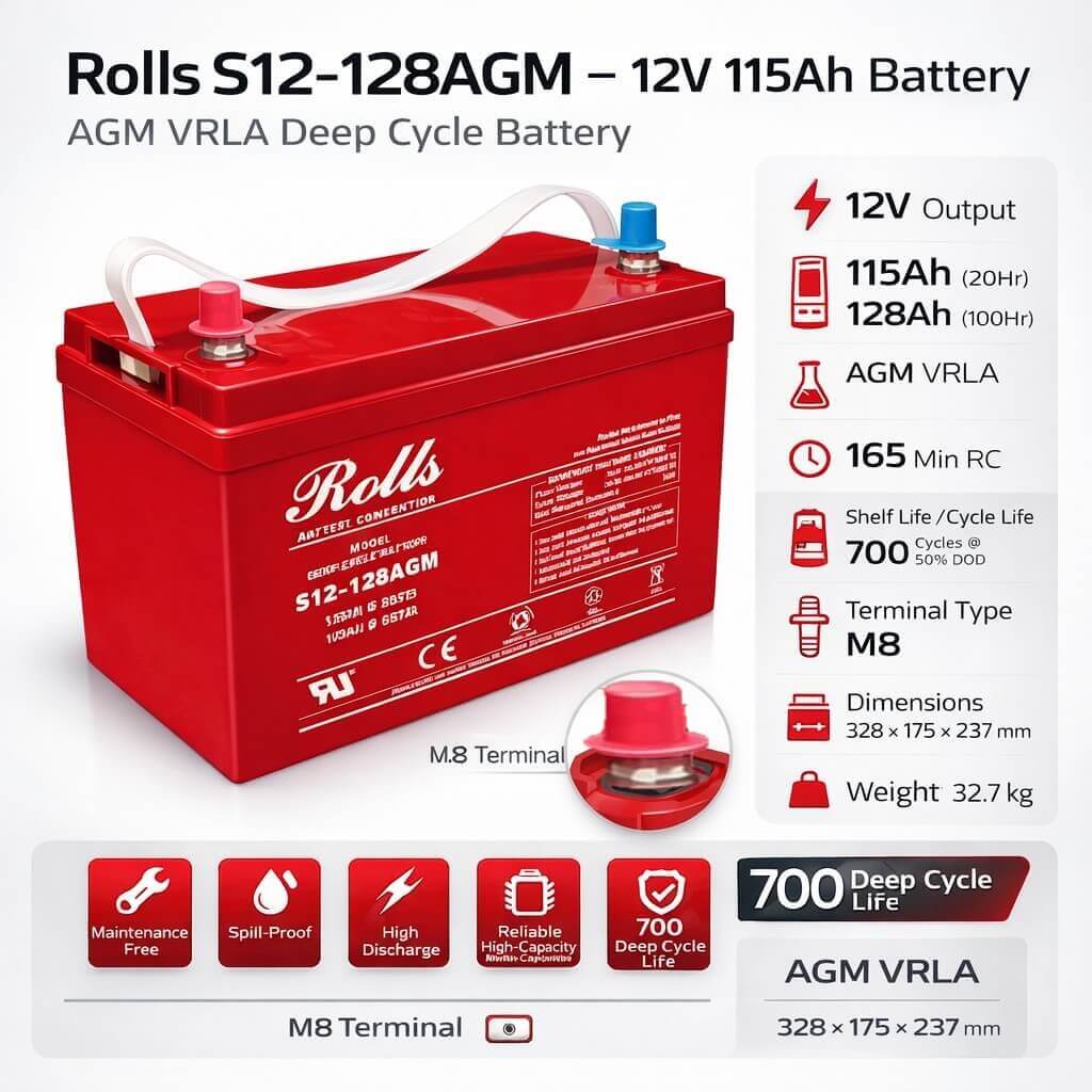 Rolls S12-128AGM AGM VRLA Deep Cycle Battery – 12V 115Ah (128Ah @ 100Hr) Sealed Lead Acid (Special) Rolls Battery Engineering