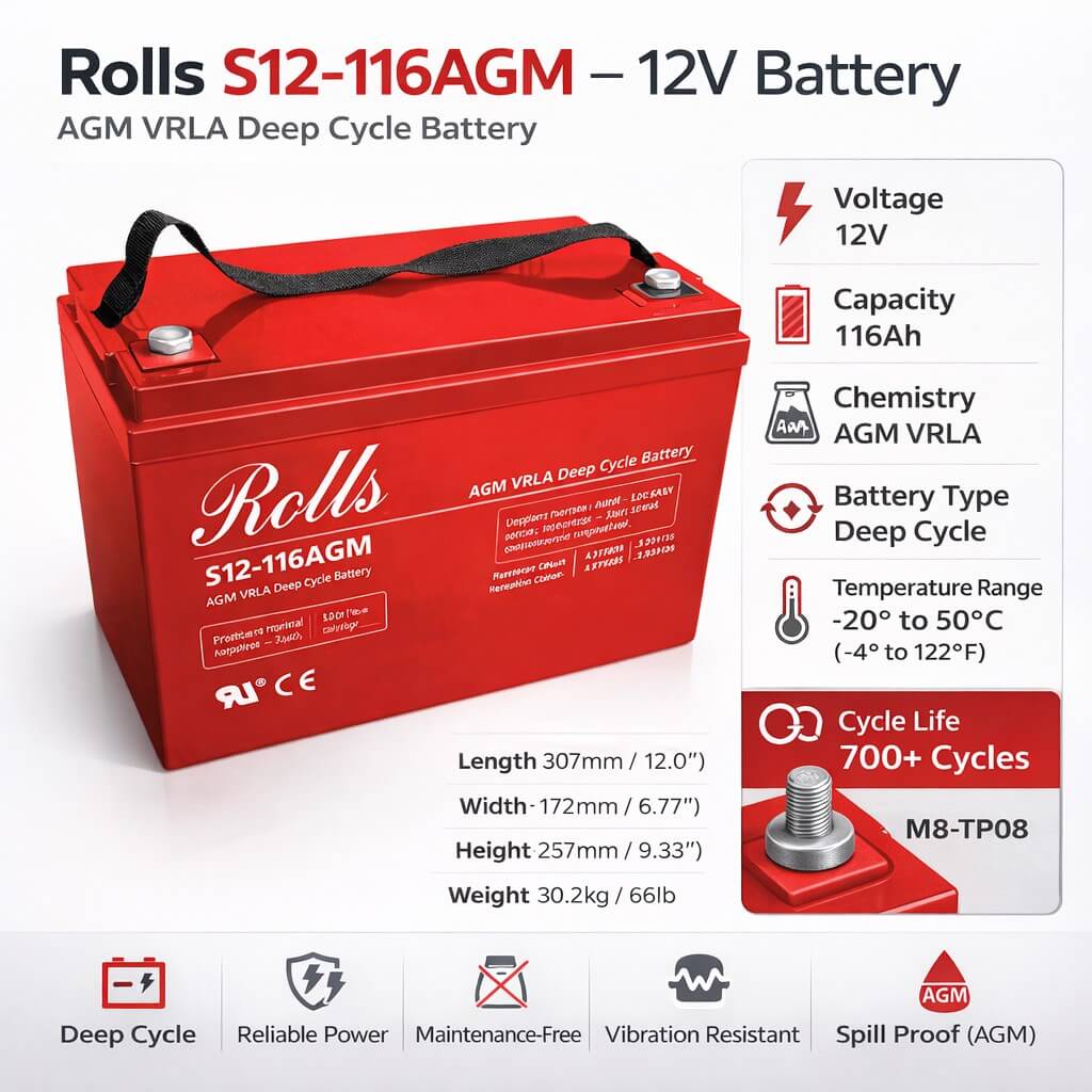Replacement battery for Q-batteries 12ls-100 with M8 Insert terminals 12V, 100Ah Sealed Lead Acid (Special) Rolls Battery Engineering