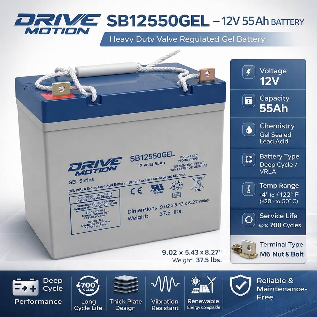 12V 55Ah GEL Battery for Mobility Scooters & Wheelchairs – 8G22NF Deep Cycle Replacement Sealed Lead Acid (Special) DriveMotion