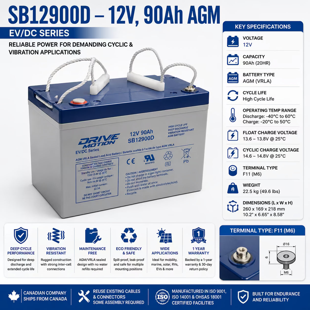 Batterie au plomb scellée Drivemotion 12v 90ah Ev/dc Series