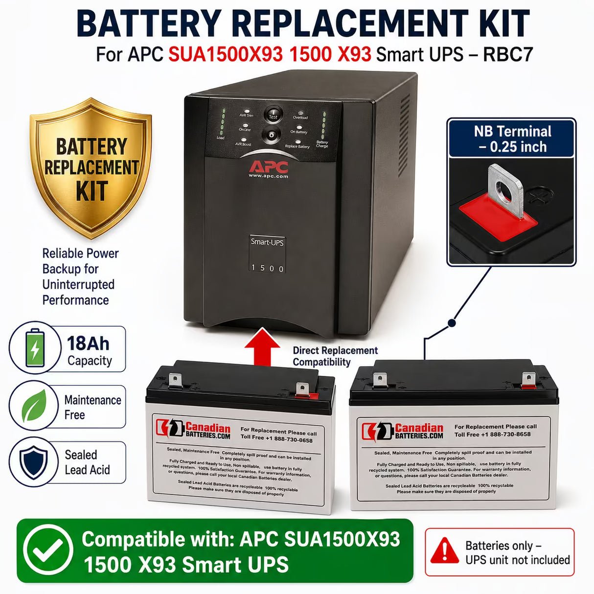 APC SUA1500X93 RBC7 Replacement Battery Kit 2x 12V 18Ah AGM UPS Batteries CB Range