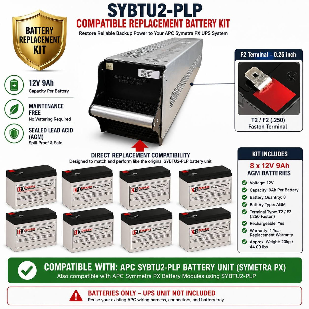 APC Symetra PX SYBTU2-PLP Compatible Replacement Battery Kit – 8 x 12V 9Ah AGM Batteries UPS Batteries CB Range