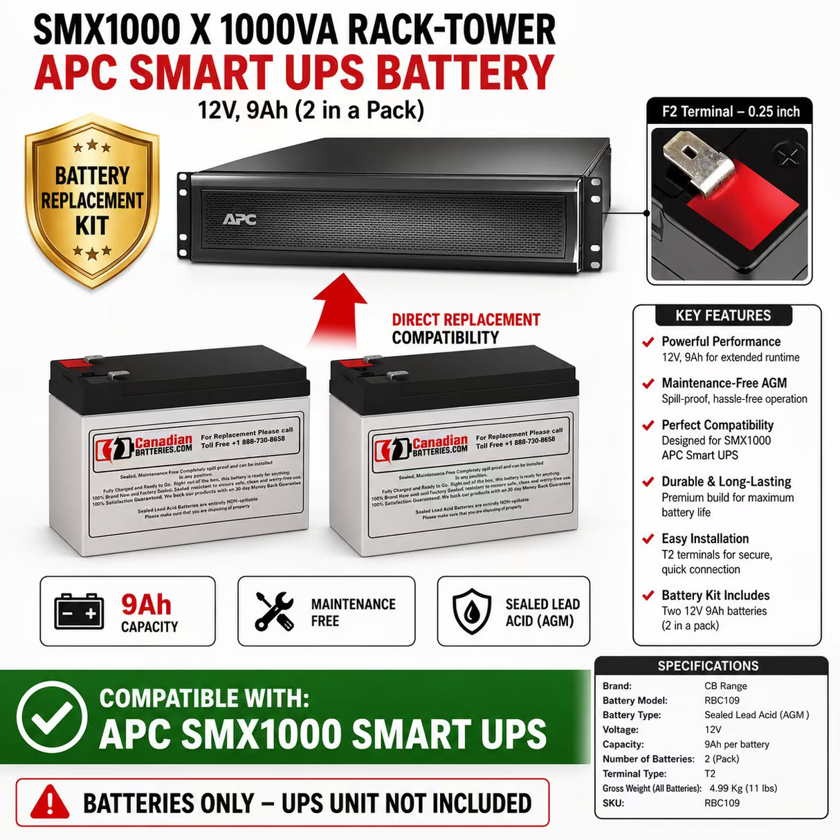 APC SMX1000 X 1000VA Rack-Tower UPS Battery Kit RBC109 – 2 x 12V 9Ah AGM UPS Batteries CB Range
