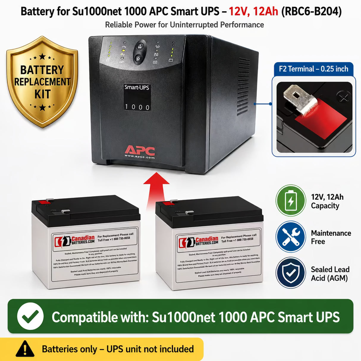 Battery for Su1000net 1000 APC Smart UPS 12V 12Ah RBC6 UPS Batteries CB Range