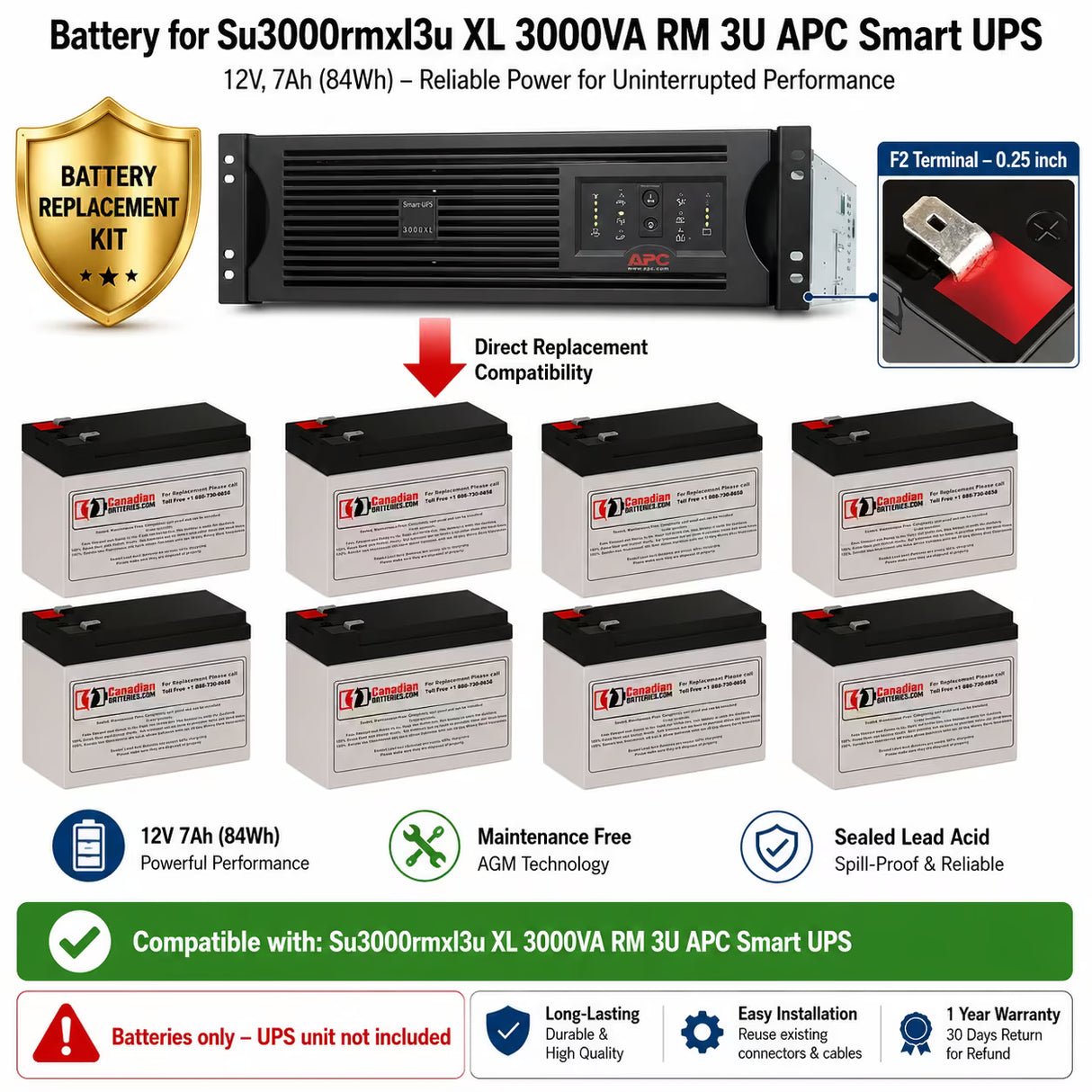 Battery for APC Su3000rmxl3u UPS – RBC27 12V 7Ah AGM Kit UPS Batteries CB Range