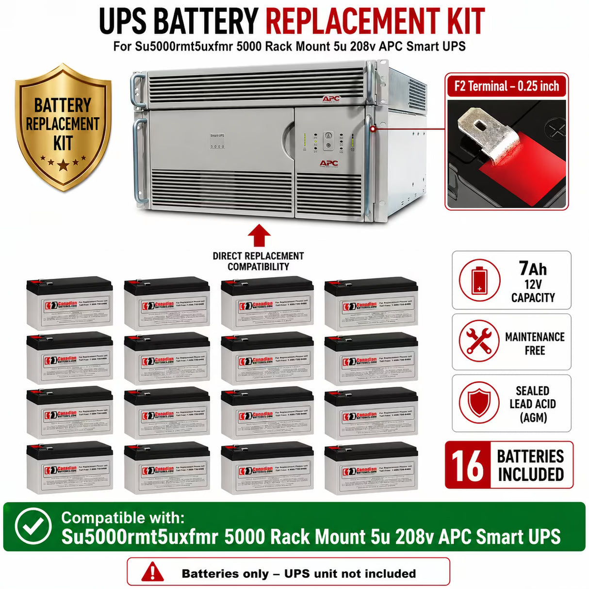 APC SU5000RMT5UXFMR RBC105 Replacement Battery Kit 16x 12V 7Ah UPS Batteries CB Range