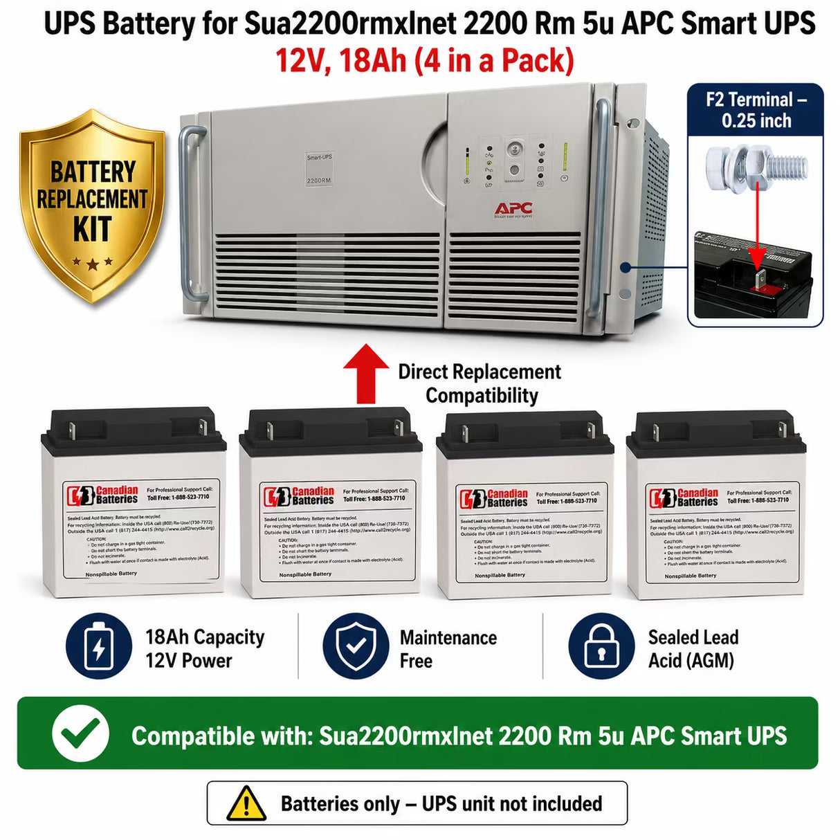 APC SUA2200RMXLNET RBC11 Replacement Battery Kit 12V 18Ah 4 Pack UPS Batteries CB Range