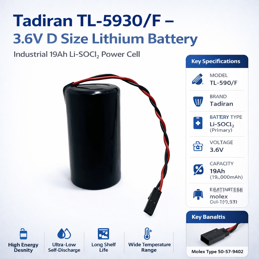 Tadiran TL-5930/F 3.6V 19Ah D Size Lithium Battery with Lead & Connector Tadiran Batteries Tadiran Batteries