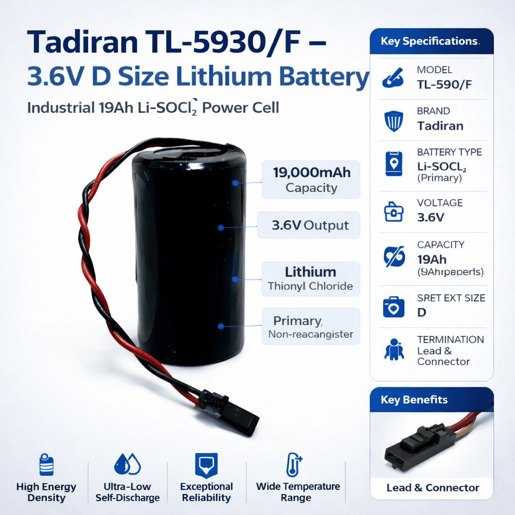 Tadiran TL-5930/F 3.6V 19Ah D Size Lithium Battery with Lead & Connector Tadiran Batteries Tadiran Batteries