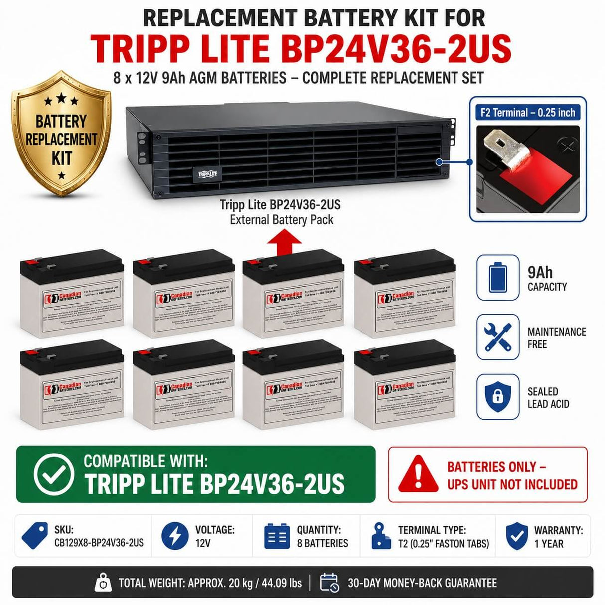Replacement Battery Kit for Tripp Lite BP24V36-2US – 8 x 12V 9Ah AGM Batteries UPS Batteries CB Range