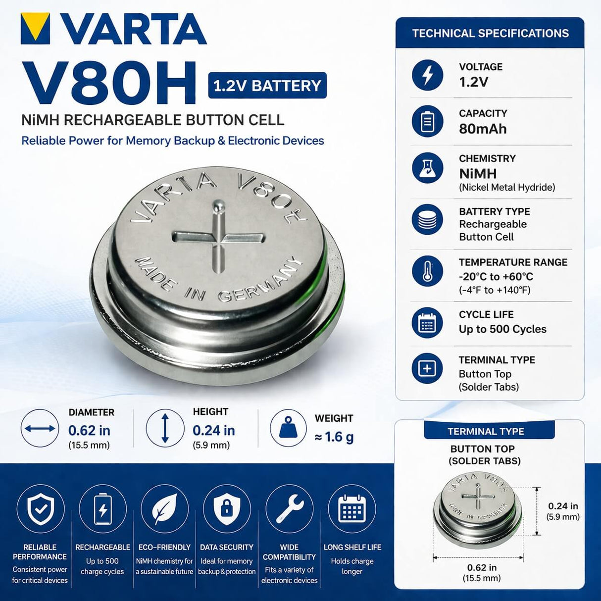 V80H Battery from Varta 1.2V 80mAh NiMh Button Cell Power Lithium Cell Varta