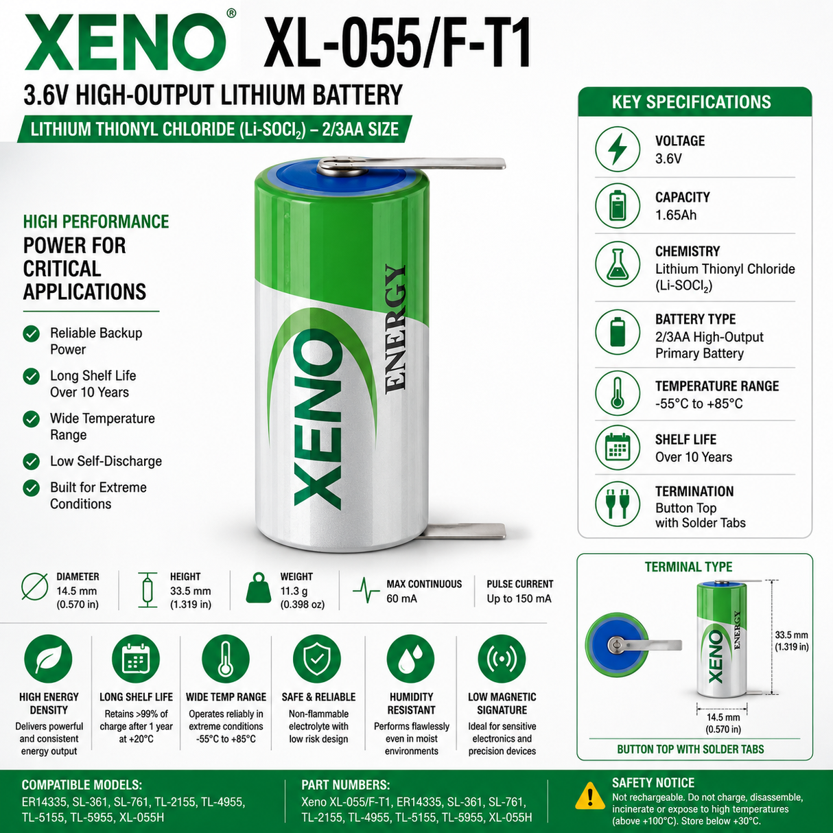 Xeno Xl-055f Battery, 3.6v 1650mah 2/3 Aa Lithium Battery (er14335) Other Xeno Energy With Tabs