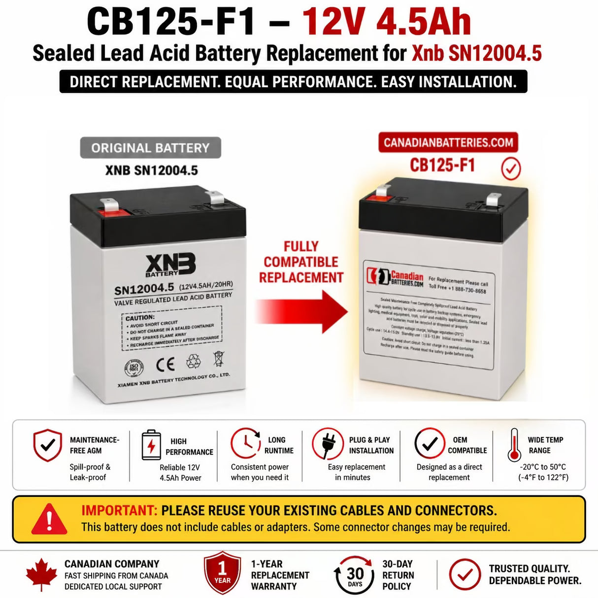 XNB SN12004.5 Replacement Battery 12V 4.5Ah AGM F1 60Wh Sealed Lead Acid CB Generic