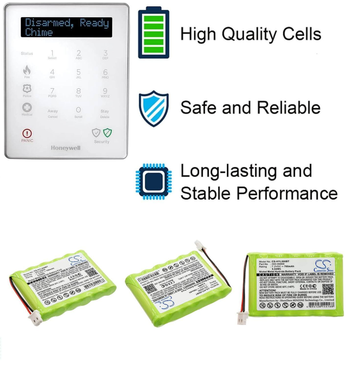 Ni-MH, Alarm Battery For Honeywell, L5000 Panel, Lynx Plus 7.2v, 700mah - 5.04wh Alarm System Cameron Sino Technology Limited