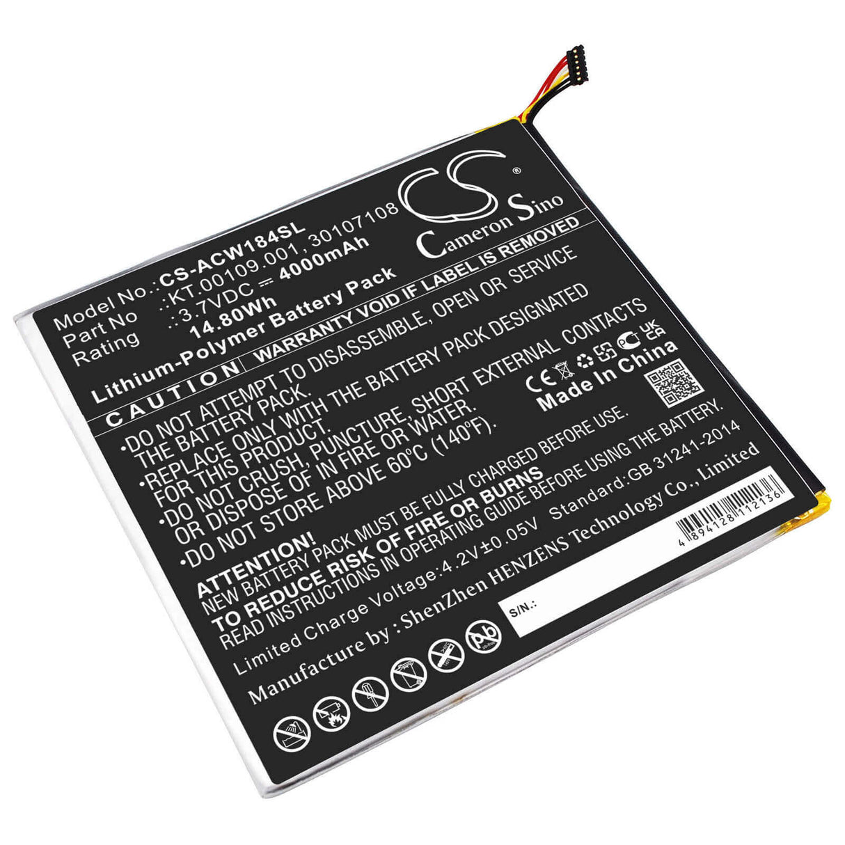 3.7V, Li-Polymer, 4000mAh, Tablet battery fits Acer, 30107108, A1-840-131u, A1-840-16pt, 14.80Wh Tablet Cameron Sino Technology Limited