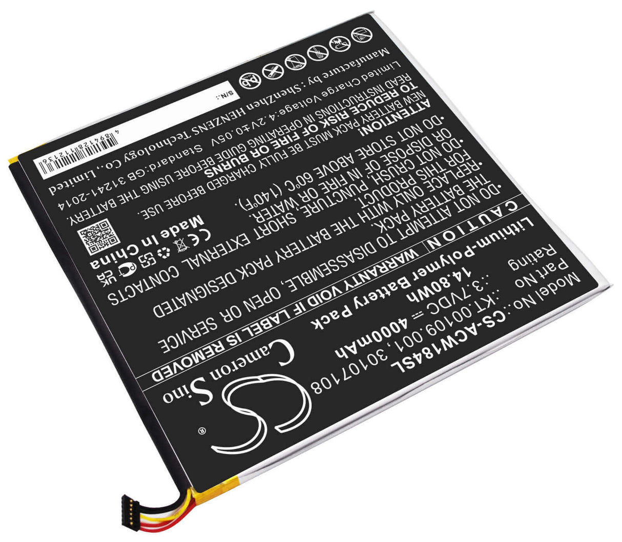 3.7V, Li-Polymer, 4000mAh, Tablet battery fits Acer, 30107108, A1-840-131u, A1-840-16pt, 14.80Wh Tablet Cameron Sino Technology Limited