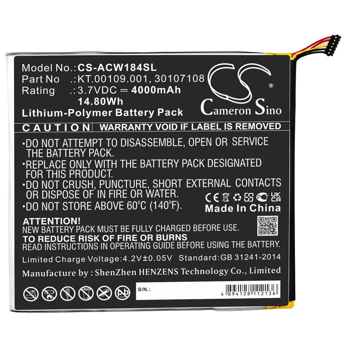 3.7V, Li-Polymer, 4000mAh, Tablet battery fits Acer, 30107108, A1-840-131u, A1-840-16pt, 14.80Wh Tablet Cameron Sino Technology Limited