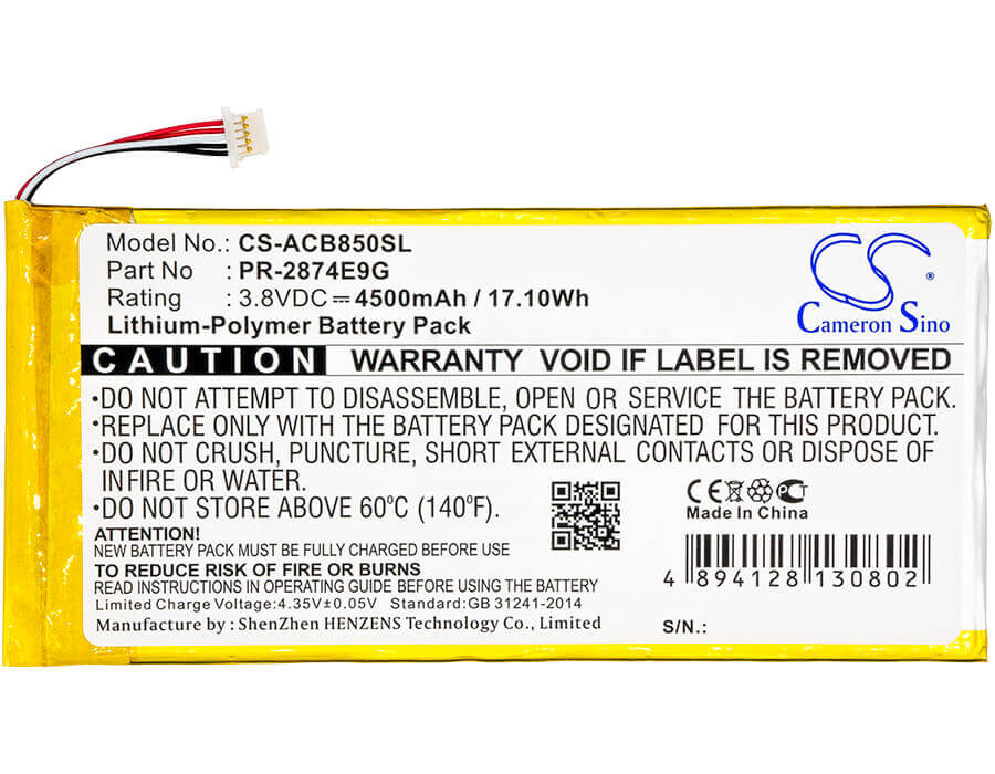 3.8V, Li-Polymer, 4500mAh, Tablet battery fits Acer, Pr-2874e9g, A6001, B1-850-k35x, 17.10Wh Tablet Cameron Sino Technology Limited