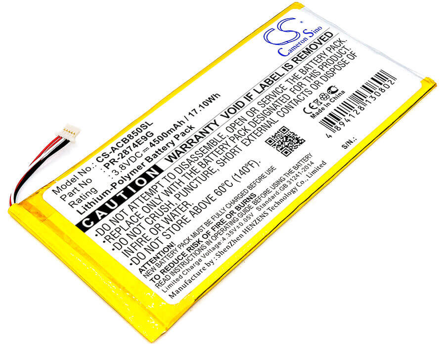 3.8V, Li-Polymer, 4500mAh, Tablet battery fits Acer, Pr-2874e9g, A6001, B1-850-k35x, 17.10Wh Tablet Cameron Sino Technology Limited