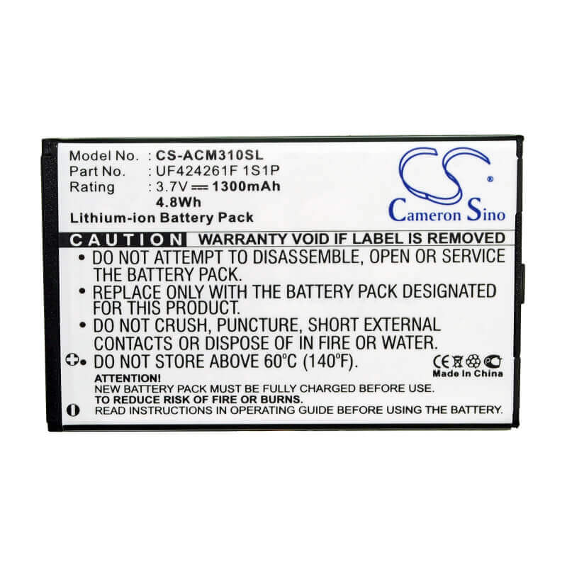 3.7V, Li-ion, 1300mAh, PDA battery fits Acer, Bat-310 (1icp42/42/61), Allegro, M310, 4.81Wh PDA, Pocket PC Cameron Sino Technology Limited