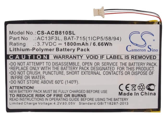 3.7V, Li-Polymer, 1800mAh, Tablet battery fits Acer, Bat-715(1icp5/58/94), B1-a71, Iconia B1-a71, 6.66Wh Tablet Cameron Sino Technology Limited