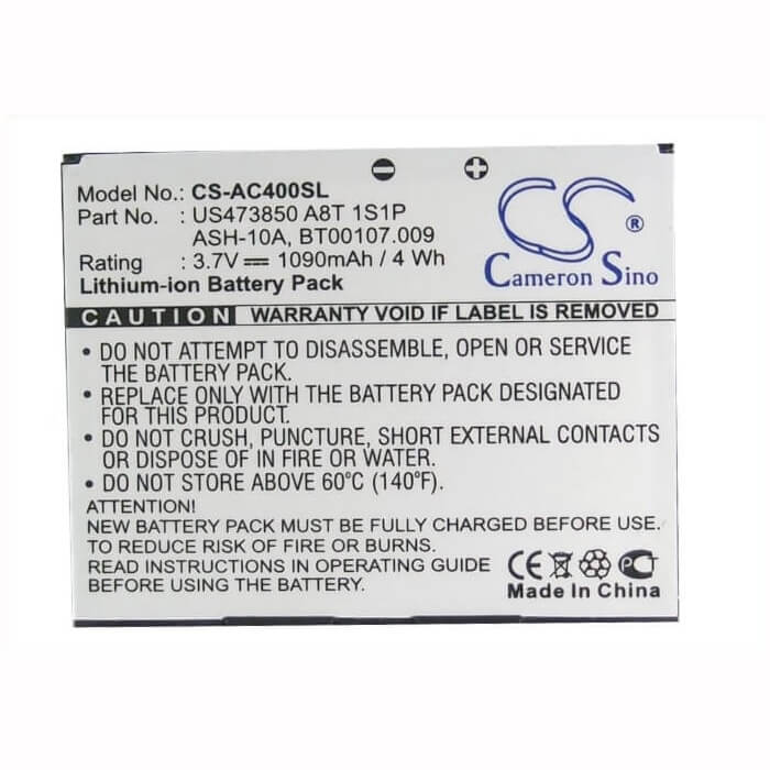 3.7V, Li-ion, 1090mAh, SmartPhone battery fits Acer, Ash-10a, Betouch E400, Betouch E400b, 4.03Wh Mobile, SmartPhone Cameron Sino Technology Limited (Suspended)