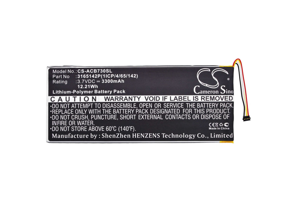 3.7V, Li-Polymer, 3300mAh, Tablet battery fits Acer, 3165142p, A1402, Iconia One 7 B1-730, 12.21Wh Tablet Cameron Sino Technology Limited (Suspended)