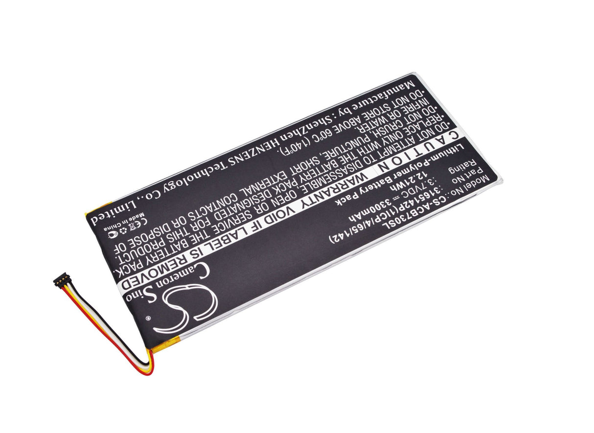 3.7V, Li-Polymer, 3300mAh, Tablet battery fits Acer, 3165142p, A1402, Iconia One 7 B1-730, 12.21Wh Tablet Cameron Sino Technology Limited (Suspended)