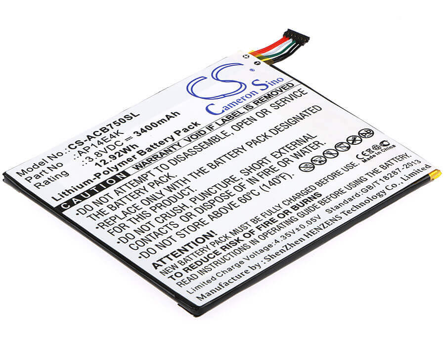 3.8V, Li-Polymer, 3400mAh, Tablet battery fits Acer, Ap14e4k, Iconia One 7 B1-750, 12.92Wh Tablet Cameron Sino Technology Limited