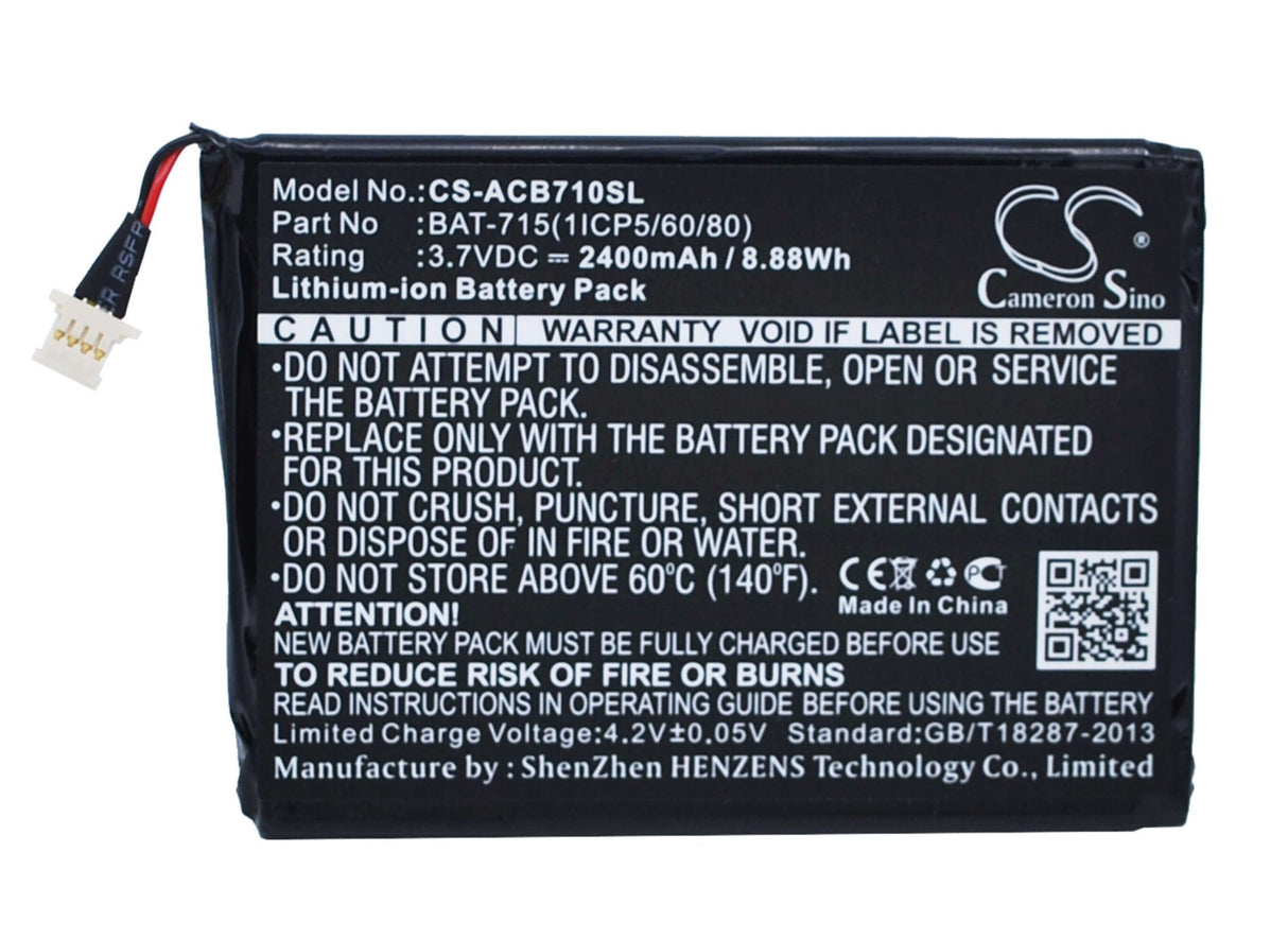 3.7V, Li-ion, 2400mAh, Tablet battery fits Acer, Bat-715(1icp5/60/80), Iconia B1-a71, Iconia B1-a71-83174g00nk, 8.88Wh Tablet Cameron Sino Technology Limited