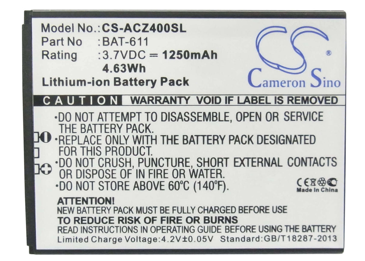3.7V, Li-ion, 1250mAh, batterie de smartphone compatible avec Acer, Bat-611, Liquid Z4, Z140, 4.63Wh Mobile, Smartphone Cameron Sino Technology Limited (Smartphone)