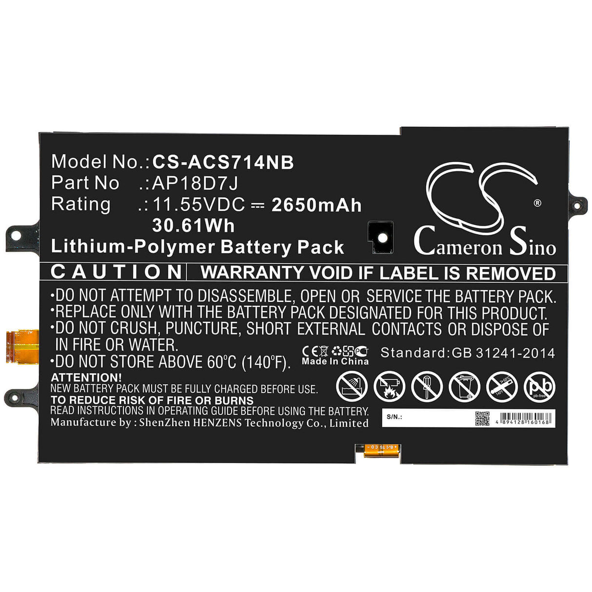 Battery For Acer, Swift 7 2019, Swift 7 Sf714-52t, Swift 7 Sf714-52t-52dj 11.55v, 2650mah - 30.61wh Notebook, Laptop Cameron Sino Technology Limited (Suspended)
