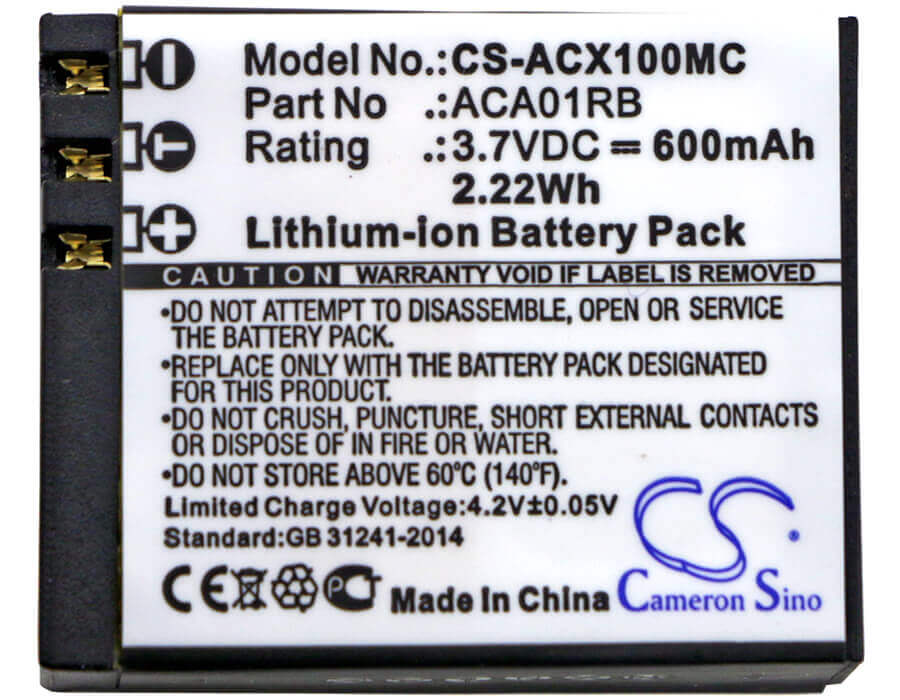3.7V, Li-Polymer, 600mAh, Camera battery fits Activeon, Aca01rb, Cx, Cx Gold, 2.22Wh Camera Cameron Sino Technology Limited (Camera)