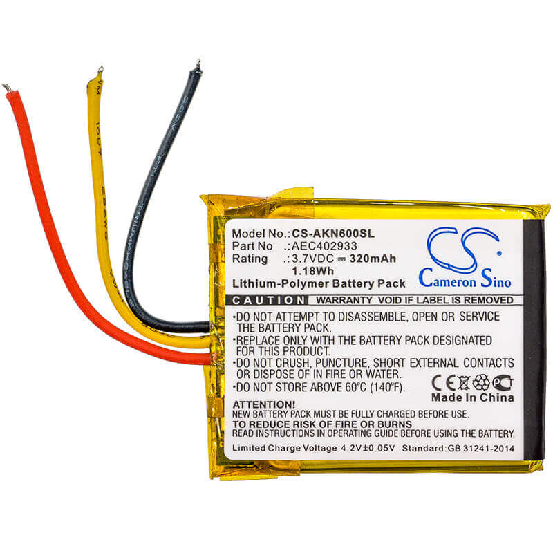 3.7V, Li-Polymer, 320mAh, Headset battery fits Akg, Aec402933, N60 Nc, 1.18Wh Wireless Headset Cameron Sino Technology Limited
