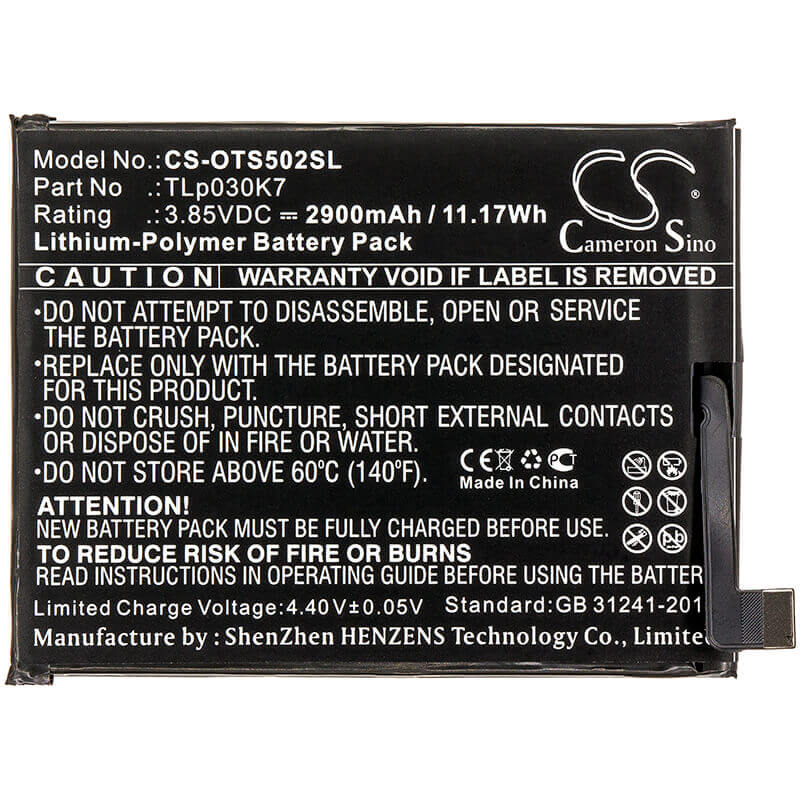 3,85V, Li-Polymer, 2900mAh, batterie de smartphone compatible avec Alcatel, Tlp030k7, 1s, Ot-5024d, 11,17Wh Mobile, SmartPhone Cameron Sino Technology Limited (Smartphone)