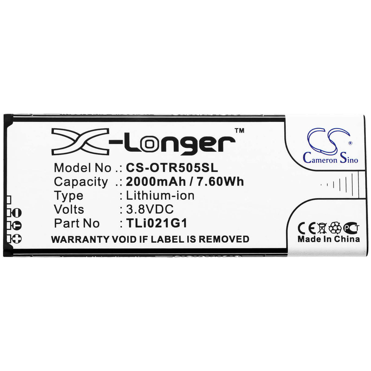 3,8V, Li-ion, 2000mAh, batterie de smartphone compatible avec Alcatel, Tli021g1, 5005r, Insight, 7,6Wh Mobile, Smartphone Cameron Sino Technology Limited (Smartphone)