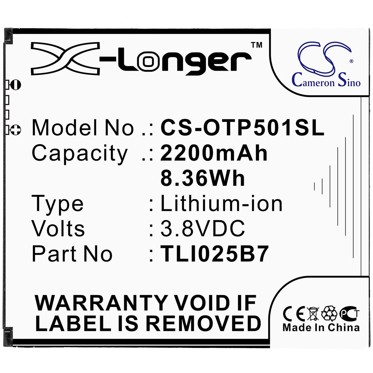 3.8V, Li-ion, 2200mAh, batterie de smartphone compatible avec Alcatel, Tli025b7, 5011a, A3 Plus, 8.36Wh Mobile, Smartphone Cameron Sino Technology Limited (Smartphone)