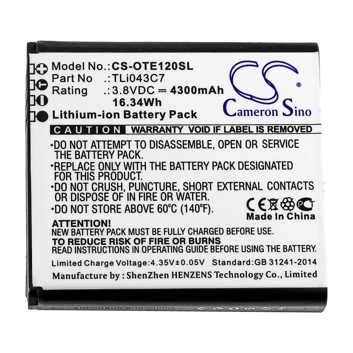 3.8V, Li-ion, 4300mAh, Batterie Hotspot s'adapte à Alcatel, Tli043c7, Ee120, 16.34Wh Hotspot Cameron Sino Technology Limited