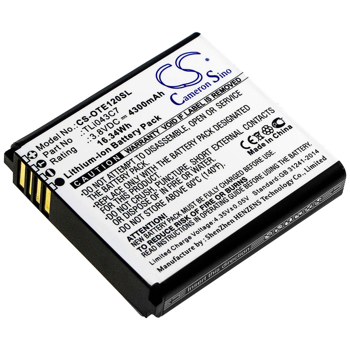 3.8V, Li-ion, 4300mAh, Batterie Hotspot s'adapte à Alcatel, Tli043c7, Ee120, 16.34Wh Hotspot Cameron Sino Technology Limited