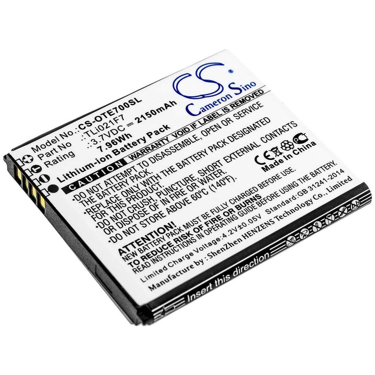 3,7V, Li-ion, 2150mAh, batterie Hotspot compatible avec Ee, Alcatel, Tli021f7, Ee70, Ee70vb, 7,96Wh Hotspot Cameron Sino Technology Limited