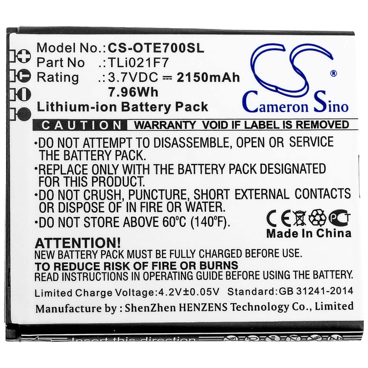 3,7V, Li-ion, 2150mAh, batterie Hotspot compatible avec Ee, Alcatel, Tli021f7, Ee70, Ee70vb, 7,96Wh Hotspot Cameron Sino Technology Limited