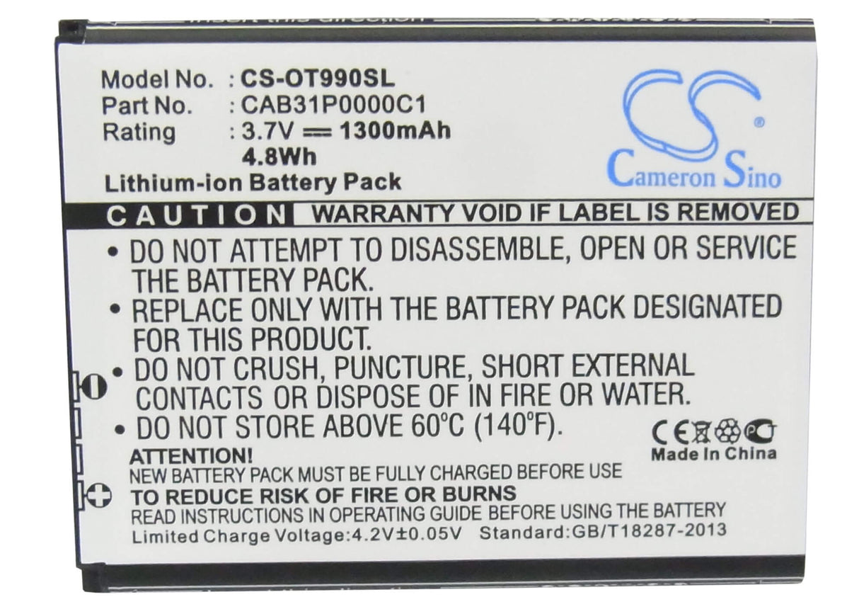 3.7V, Li-ion, 1300mAh, SmartPhone battery fits Virgin Mobile, Megafon, Alcatel, T-mobile, Uscellular, Tcl, By71, One Touc Pop, One Touc Pop C1, 4.81Wh Mobile, SmartPhone Cameron Sino Technology Limited (Smartphone)