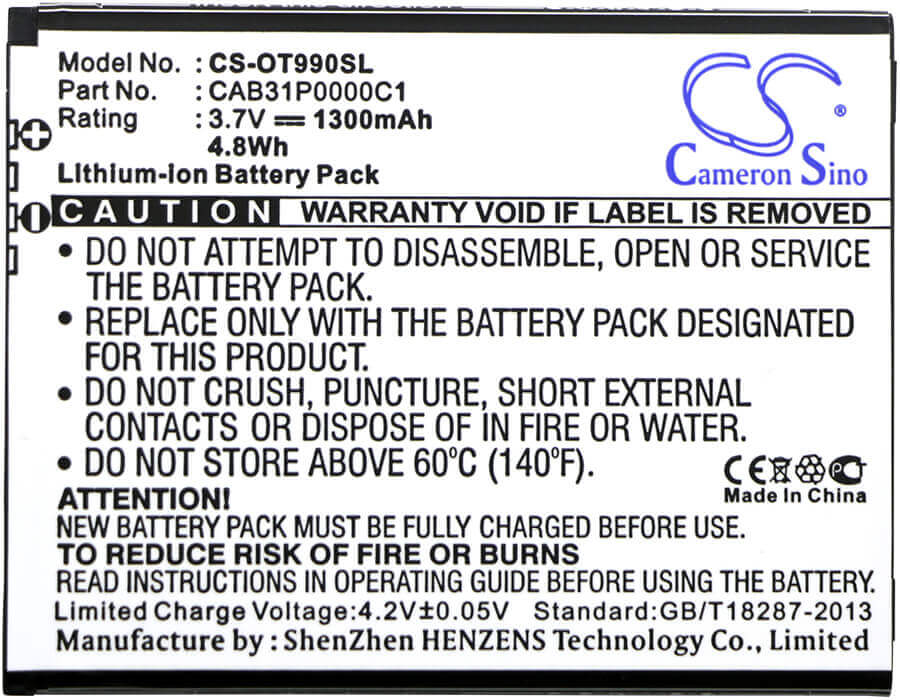 3.7V, Li-ion, 1300mAh, SmartPhone battery fits Virgin Mobile, Megafon, Alcatel, T-mobile, Uscellular, Tcl, By71, One Touc Pop, One Touc Pop C1, 4.81Wh Mobile, SmartPhone Cameron Sino Technology Limited (Smartphone)