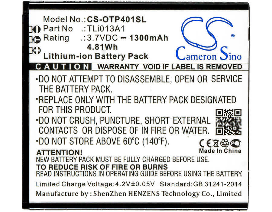 3,7V, Li-ion, 1300mAh, batterie pour smartphone compatible avec Alcatel, Tli013a1, One Touch Pixi 4 3.5, Ot-4017, 4,81Wh Mobile, Smartphone Cameron Sino Technology Limited (Smartphone)