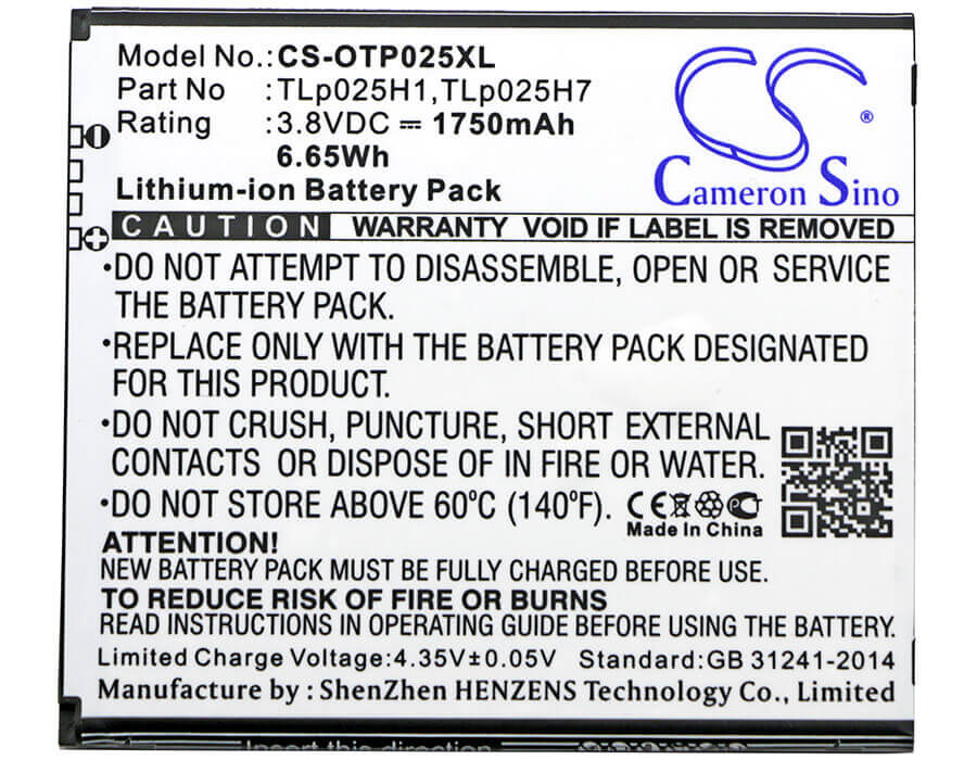 3,8 V, Li-ion, 1750 mAh, batterie de smartphone compatible avec Alcatel, Tlp025h1, One Touch Pop 4, One Touch Pop 4 Lte, 6,65 Wh Mobile, Smartphone Cameron Sino Technology Limited (Smartphone)