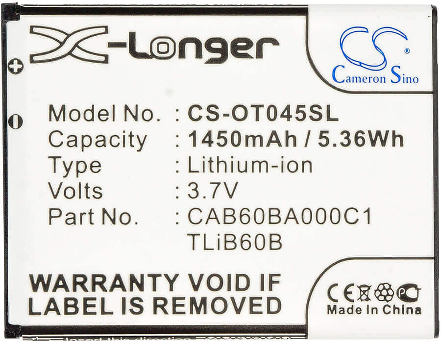 3,7V, Li-ion, 1450mAh, batterie de smartphone compatible avec Tcl, Alcatel, Uscellular, Cab60b0001c1, Adr3045, One Touch Shockwave, 5.37Wh Mobile, Smartphone Cameron Sino Technology Limited (Smartphone)