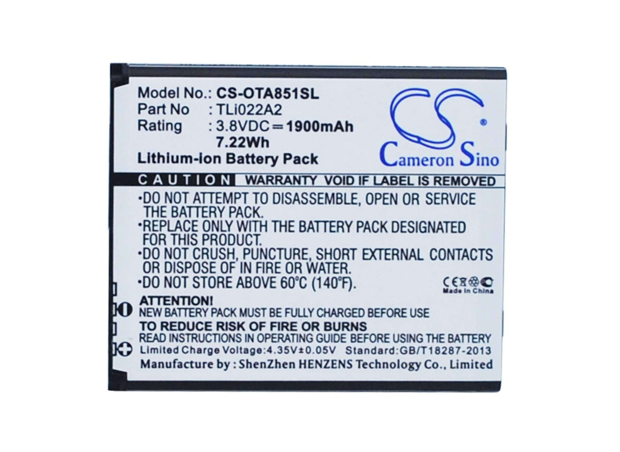 3.8V, Li-ion, 1900mAh, SmartPhone battery fits Alcatel, Tli022a2, One Touch Sonic, Ot-a851l, 7.22Wh Mobile, SmartPhone Cameron Sino Technology Limited (Suspended)