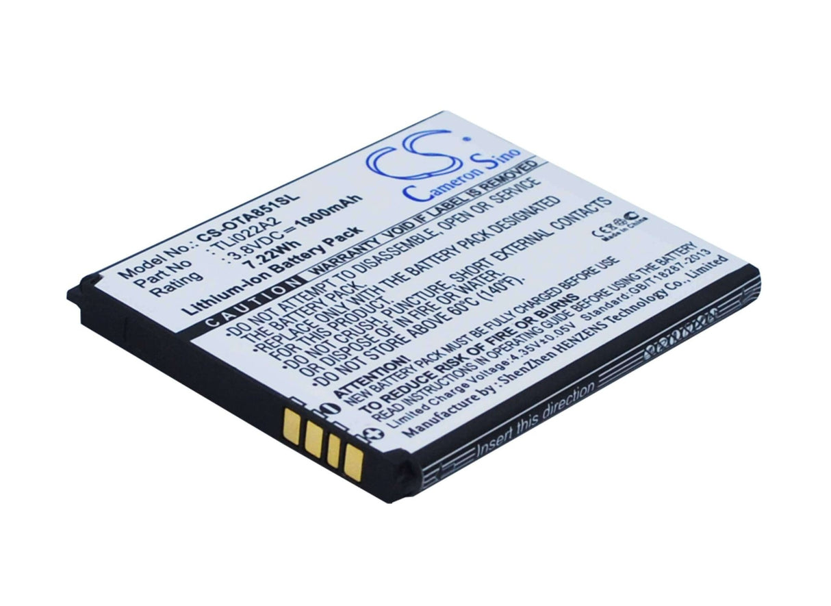 3.8V, Li-ion, 1900mAh, SmartPhone battery fits Alcatel, Tli022a2, One Touch Sonic, Ot-a851l, 7.22Wh Mobile, SmartPhone Cameron Sino Technology Limited (Suspended)