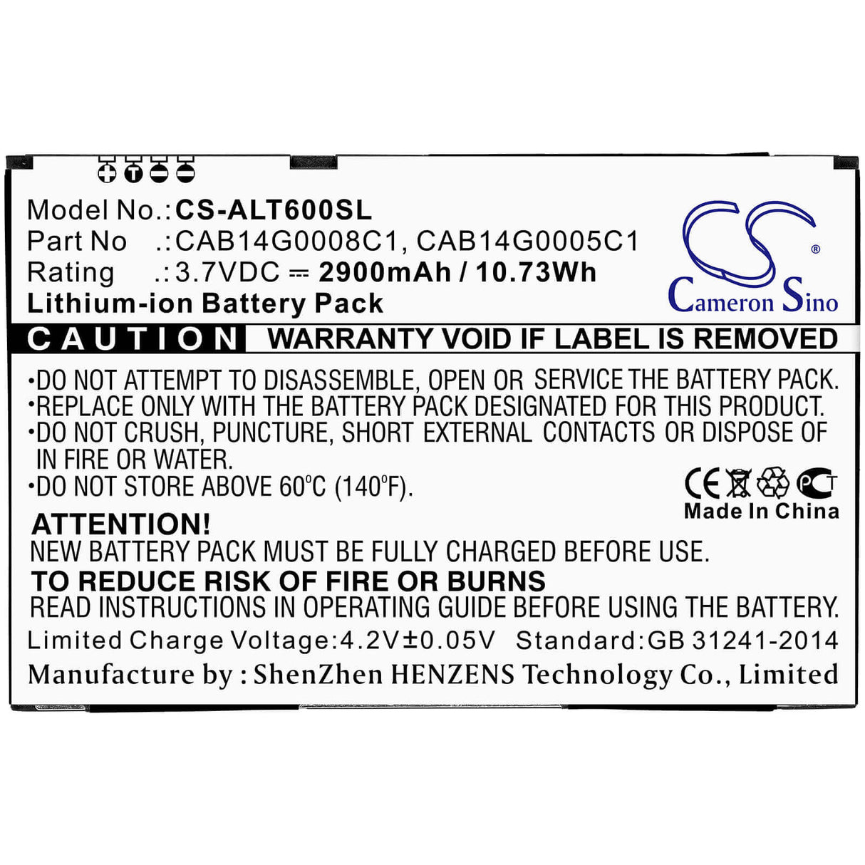 3.7V, Li-ion, 2900mAh, Tablet battery fits Alcatel, Cab14g0005c1, One Touch T60, Ot-t60, 10.73Wh Tablet Cameron Sino Technology Limited